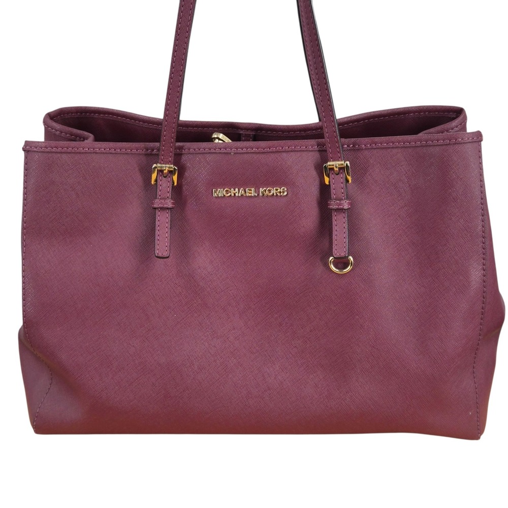 Michael Kors Plum Saffiano Leather Tote Bag Burgundy Gold Hardware Shoulder Bag - Picture 3 of 12